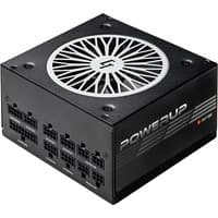 Black Chieftec PowerUp 550W ATX power supply with 20+4 pin connector, large top fan, and modular cable ports.