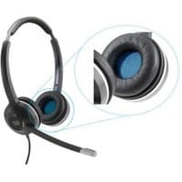 Cisco Headset 560 Series black replacement ear cushions with blue interior, shown in close-up detail.