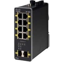 Black Cisco IE-1000-8P2S-LM network switch with eight Ethernet ports and two SFP slots, compact vertical design.