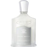 Clear glass bottle of Creed Royal Water Eau de Parfum, 100 ml, with silver cap and label, men's citrus fragrance.