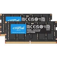 Crucial DDR5 memory module 64GB 2x32GB with black circuit board and gold connectors, blue Crucial label.