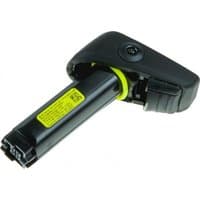 Black and yellow Datalogic RBP-PM91-LK barcode reader accessory battery with ergonomic grip and visible connector.
