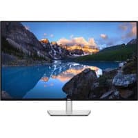 Dell UltraSharp U4323QE monitor, 43-inch, 3840x2160 resolution, slim black bezel, silver stand, displaying mountain lake.