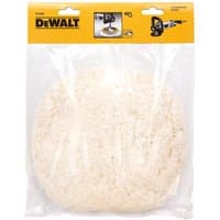 Dewalt Hook & Loop Lambswool Polishing Bonnet, fluffy white texture, in clear packaging with yellow branding.