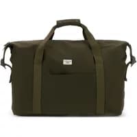 Olive green Guess duffel bag with dual handles, front pocket, and logo patch.
