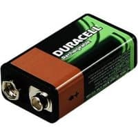 Black and green Duracell 9V rechargeable nickel-metal battery with copper top and Duracell logo.