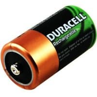 Duracell rechargeable C battery with copper top and green label, black text indicating brand and type.