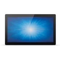 Elo Touch Solutions 21.5" LED monitor, black frame, blue display with radial light pattern, Full HD resolution.