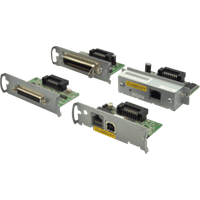 Epson WLAN interface UB-R05 with metal brackets, circuit boards, and multiple ports including Ethernet and serial connections.