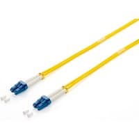 Yellow Equip LC/LC fiber optic patch cable, OS2, 2.0m, with blue connectors and white protective caps.