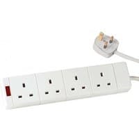White FDL 4-way mains gang strip with four sockets, red switch, and UK plug on a 1-meter cable.