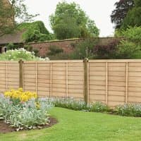 Larchlap Signature Fence Panel, 6' x 3', horizontal slats, natural wood finish, framed edges, garden setting.