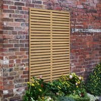 Forest Garden 6' x 3' pressure treated slatted trellis panel, horizontal wooden slats, mounted on a brick wall.
