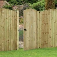 Forest Garden 3'x6' gate, tongue & groove, pressure-treated wood, arched top, natural finish, black handle.