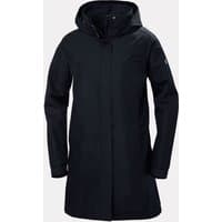 Navy Helly Hansen women's long rain coat with hood, front zipper, and adjustable cuffs, size 2XL.