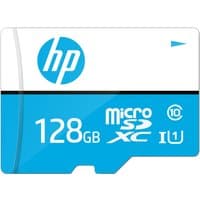 Blue and white HP 128GB MicroSDXC UHS-I Class 10 memory card with HP logo and capacity details.