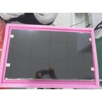 Black HP monitor display panel with pink protective frame, rectangular shape, glossy screen surface.