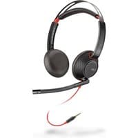 HP Poly Blackwire 5220 headset with black ear cups, red accents, adjustable headband, and 3.5mm audio jack.