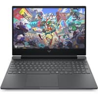 Black HP Victus Gaming Laptop with a 15.6-inch screen, backlit keyboard, and vibrant game graphics on display.