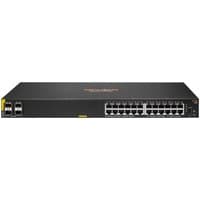 HPE Aruba 6100 black network switch with 24 Ethernet ports, 4 SFP+ slots, and Class4 PoE, 1U rack-mountable design.