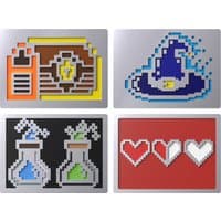 8-bit magnetic badges featuring treasure chest, wizard hat, potion bottles, and hearts on a silver background.