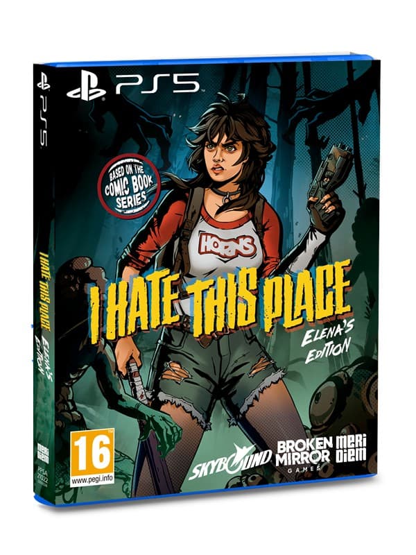 "I Hate This Place (Elena's Edition) - Sony PlayStation 5 features a colorful cover with a female character, dark forest background, and bold text, showcasing survival themes."