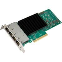 Intel E610-XT4 Ethernet card with green circuit board, black heat sink, and four silver ports.