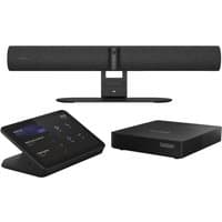 Jabra PanaCast 50 Room System 2, black soundbar, touchscreen control panel, and rectangular hub.