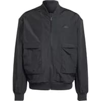 Black Adidas City Escape Premium jacket with ribbed cuffs, zip closure, and two large front pockets.