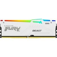 Kingston Fury Beast DDR5 memory module, white with RGB lighting, 16 GB capacity, featuring sleek design and branding.