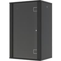 Black Lanview 20U wall-mounted rack cabinet with glass front door and metal frame.