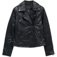Black leather jacket by Salsa Jeans with asymmetrical zipper, silver snaps, and zippered pockets.