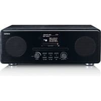 Black Lenco DIR-260 internet radio with dual speakers, digital display, and control knobs on a sleek rectangular design.