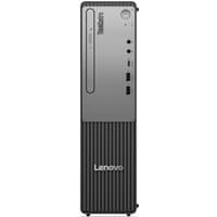 Black Lenovo ThinkCentre desktop tower with vertical silver panel, USB ports, and power button on front.