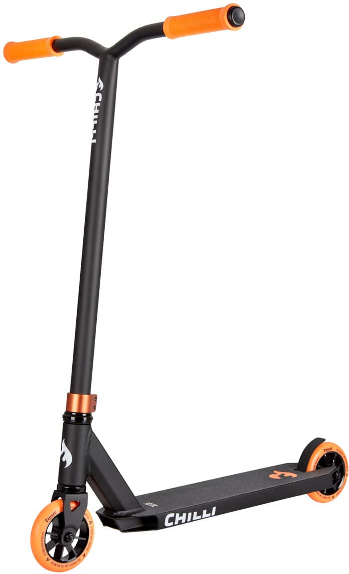 Black scooter with orange accents, featuring a sturdy frame, textured black deck, and bright orange wheels and grips, designed for tricks and stunts.