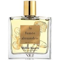 Clear glass bottle of Miller Harris La Fumee Alexandrie perfume with gold cap and floral design on label.