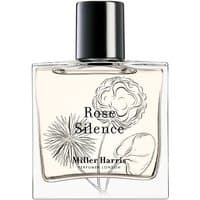 Clear glass bottle of Miller Harris Rose Silence Eau de Parfum, black cap, floral design on front, 50 ml size.