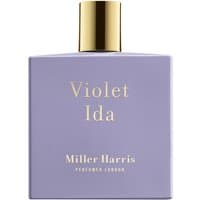 Purple rectangular bottle of Miller Harris Violet Ida Eau de Parfum with gold cap and text.