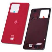 Red Motorola battery cover panel with logo, camera cutout, and interior QR code.