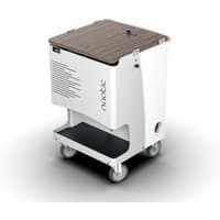 White Naotic charging cart with wood top, USB-C ports, ventilation slits, and four wheels for mobility.