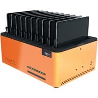 Orange Naotic charging station Tabidock T10 with USB-C ports, holds 10 tablets upright, black top panel.