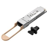Omada 100GSE-SR4 QSFP28 transceiver, rectangular silver module with beige pull tab and black dust cap.