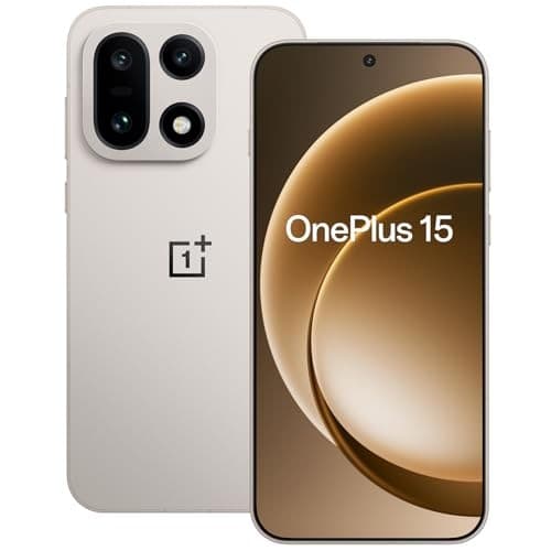OnePlus 15 smartphone in Sand Storm color, featuring a sleek design, dual rear cameras, a large display, and labeled with "OnePlus 15" on the front.