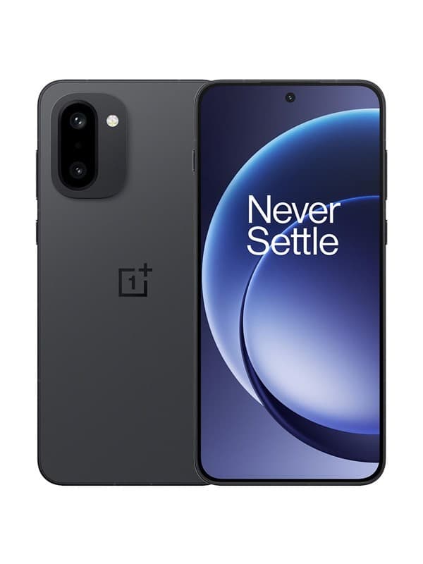 OnePlus 15R smartphone in sleek black, featuring a large display with a central punch-hole camera and the phrase "Never Settle" on the screen, showcasing a modern design.