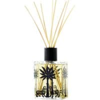 Clear glass diffuser bottle with black palm tree design, filled with citrus fragrance and long natural reeds.