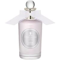 Clear glass bottle of Luna Eau de Toilette with silver cap and white bow, featuring a floral fragrance label.