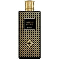 Black and gold Perris Tubereuse Absolue Eau de Parfum bottle with intricate geometric pattern and gold cap.