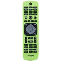 Green Philips remote control with black buttons and circular navigation pad.