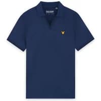 Navy blue polo with embossed design, featuring a yellow eagle logo on the chest, by Lyle & Scott.