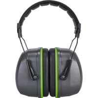 Gray Portwest padded ear defenders with green trim and adjustable black headband.